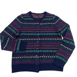 NWT Talbots Womens Navy Sequin Fair Isle Nordic Lambswool Blend Cardigan Sz M